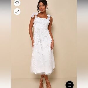 Lulus Effortlessly Sweet White Tulle 3D Floral Tie-Strap Midi Dress size Large